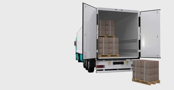 Truck with open loading area where cartons are being loaded onto pallets.